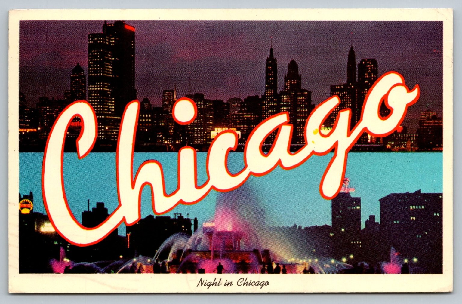 Vintage Night in Chicago Skyline Postcard with Fountain Scene