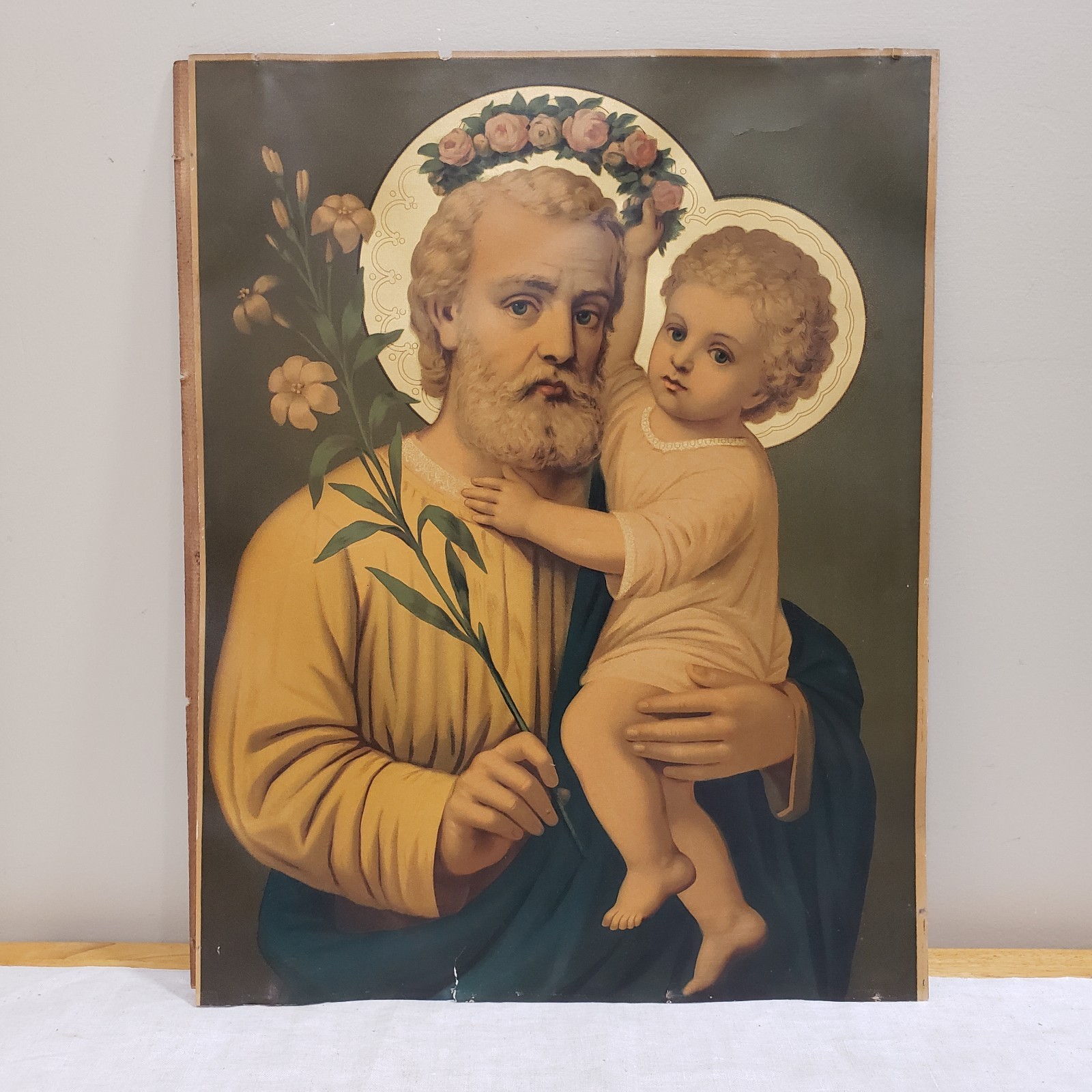 Antique St Joseph Christ Child Chromolithograph Catholic Religious Art Print