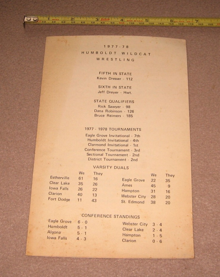 Humboldt Iowa IA Wrestling Program 1977 1978 Stats Students Wrestlers Names