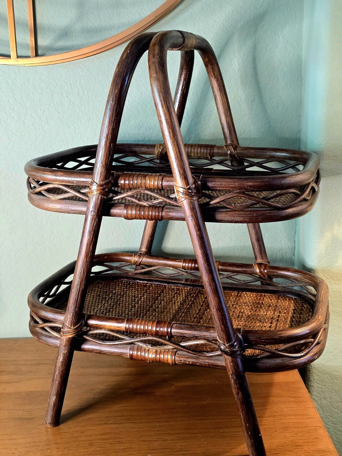 Vtg Large MidCentury 2-Tier Rattan Bamboo Stand Countertop Server Boho MCM 23