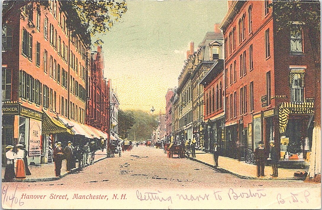 Lithograph Manchester NH Scene on Hanover Street early 1900s