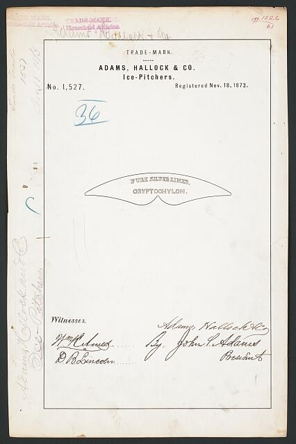 Photo:Adams Hallock & Co Ice Pitchers Cryptochylon Trademark 1873
