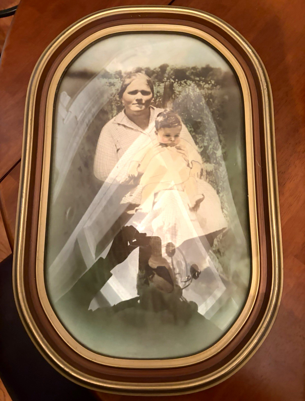 Beautiful Antique Oval Convex Glass Portrait – Hand-Tinted Mother & Baby Photo