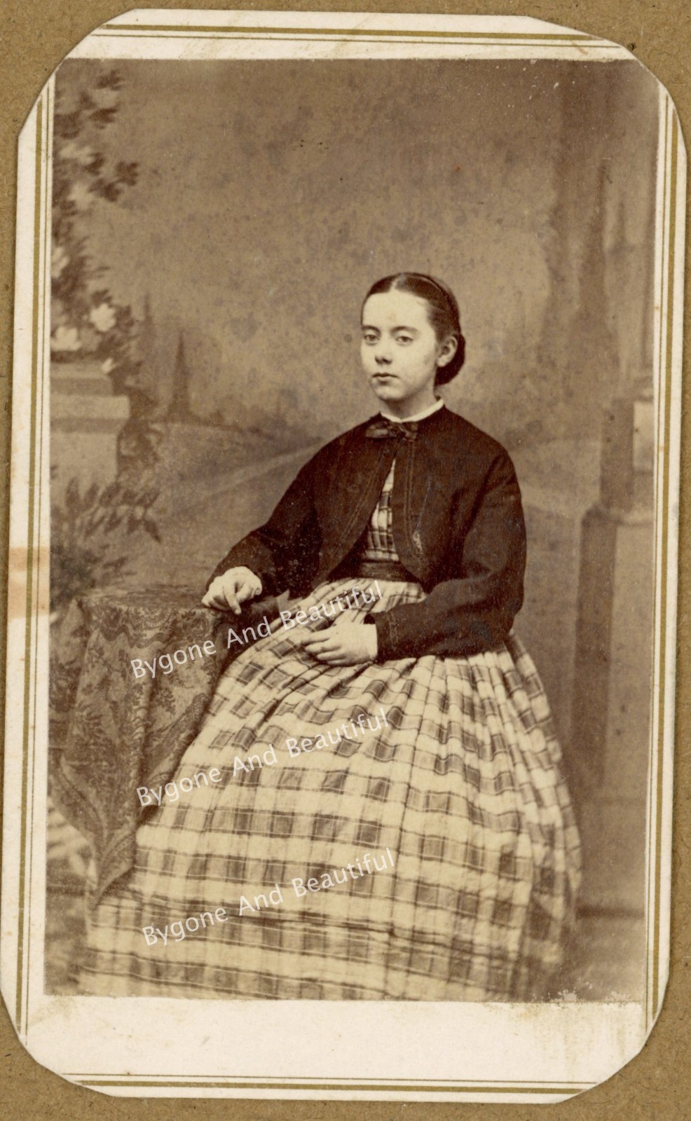 CDV Sweet Young Girl Civil War Checked Dress Nice Contrast Backdrop Cazenovia NY