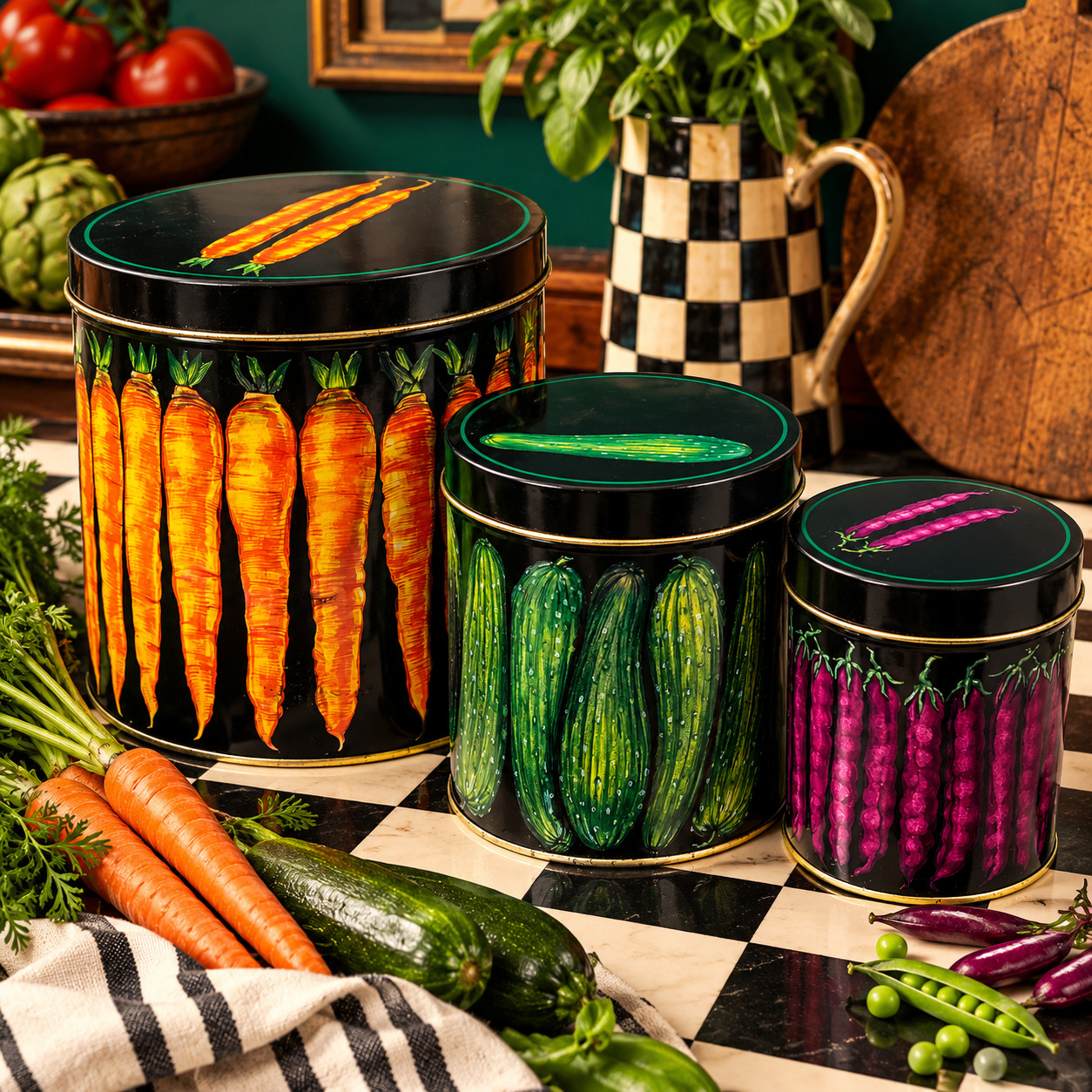 Vintage Department 56 Garden Vegetable Nesting Canisters Tins Set of 3 Retro