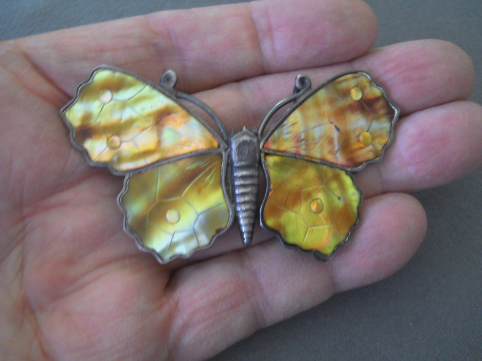Antique 1910s Edwardian (.925) Silver Nacre Shell Butterfly UK Bham Belt Buckle