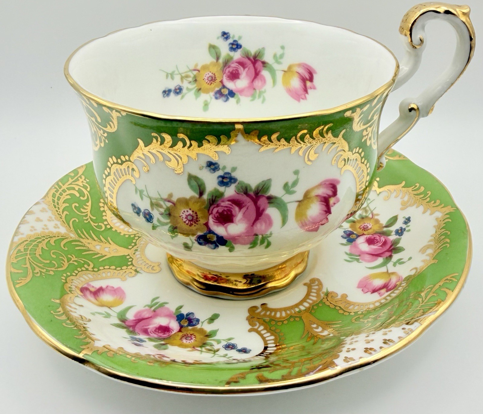 Vintage Paragon Green Pink Rose Floral Cup & Saucer; Heavy Gold Gilt Teacup
