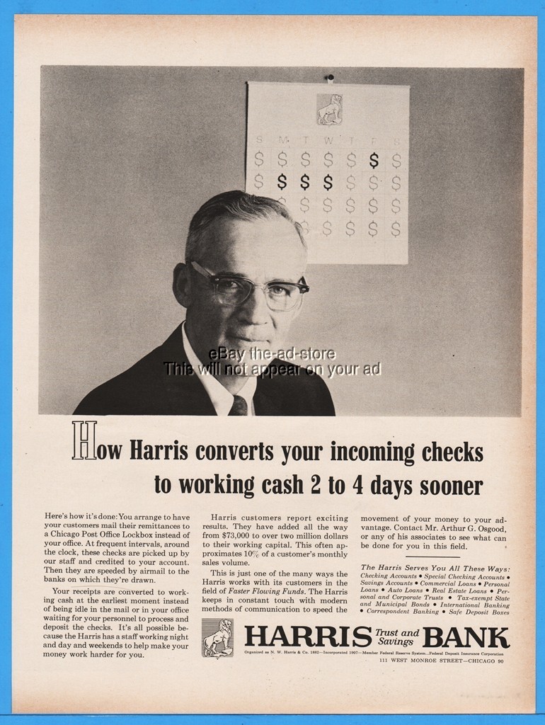1963 Harris Trust & Savings Bank Check Clearing 2 to 4 Days Sooner Print Ad