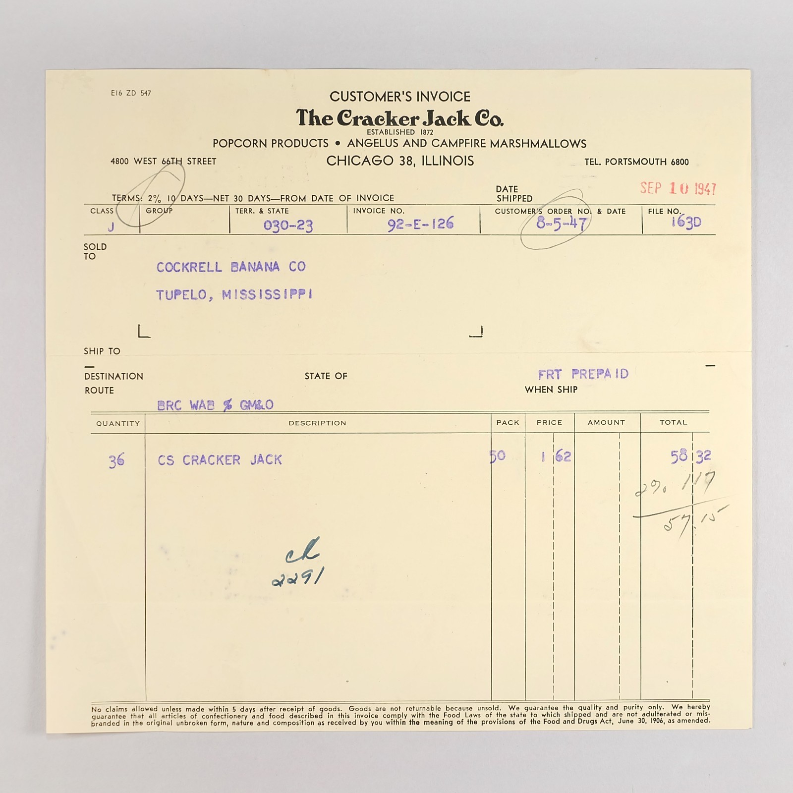 1947 Vintage Cracker Jack Co. Paper Invoice to Cockrell Banana Co. Tupelo, MS
