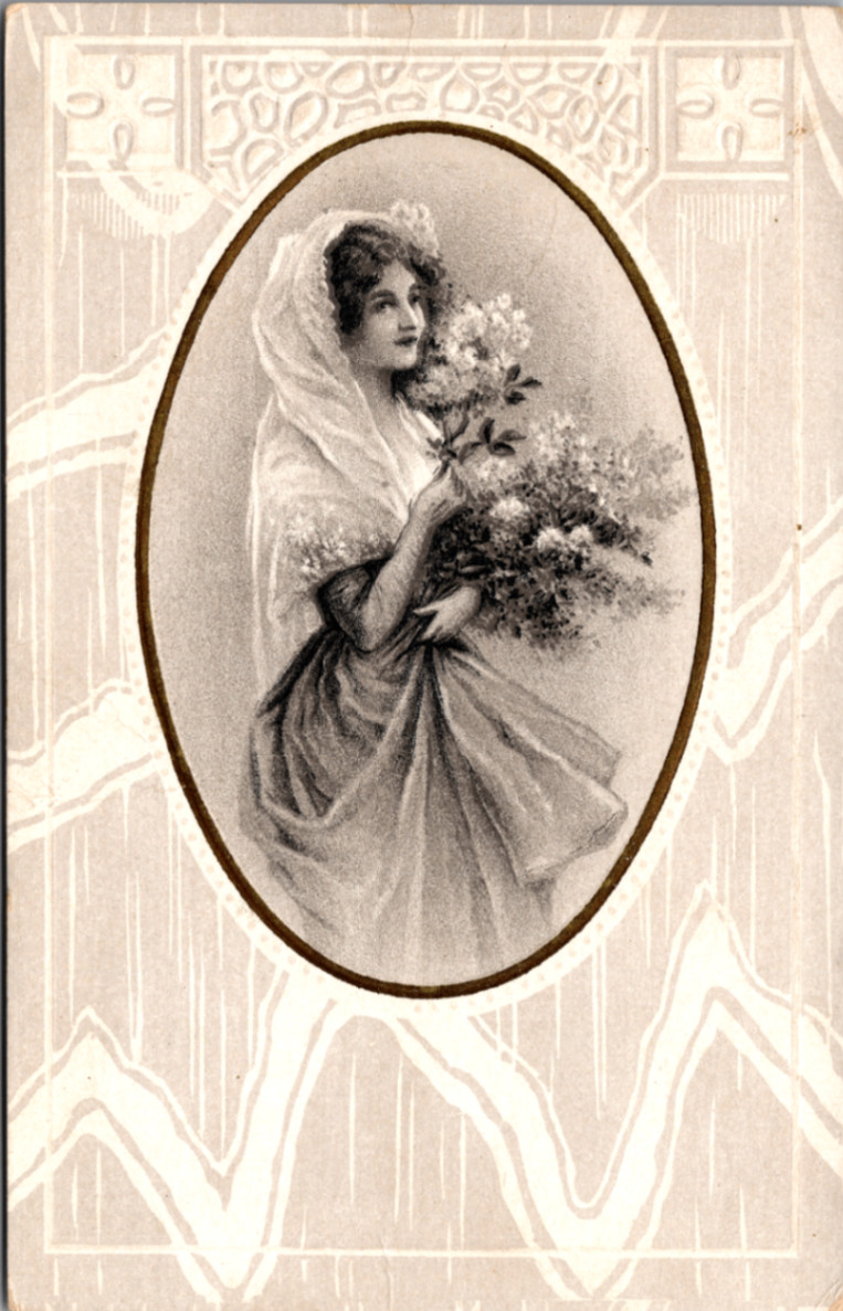 1910 Edwardian Woman with Flowers Postcard - Sepia Tone Portrait