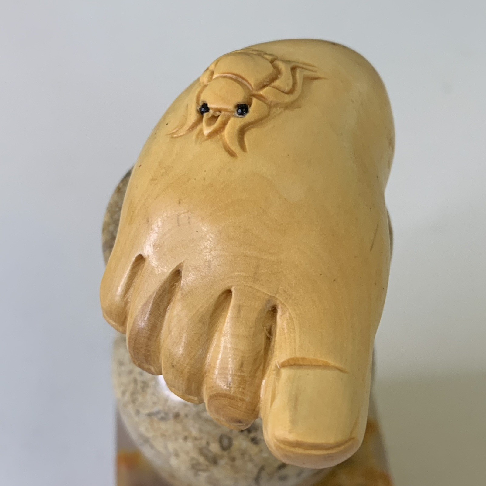 Vintage Netsuke Human Foot With Spider Carving Boxwood Hand Carved Figurine 2.5\