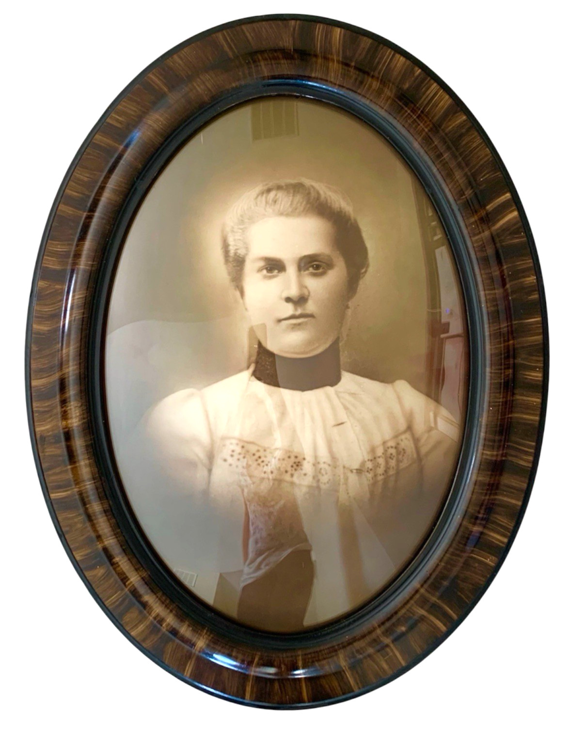 Antique Oval Curved Bubble Convex Glass Portrait Tiger Stripe Wood Picture Frame