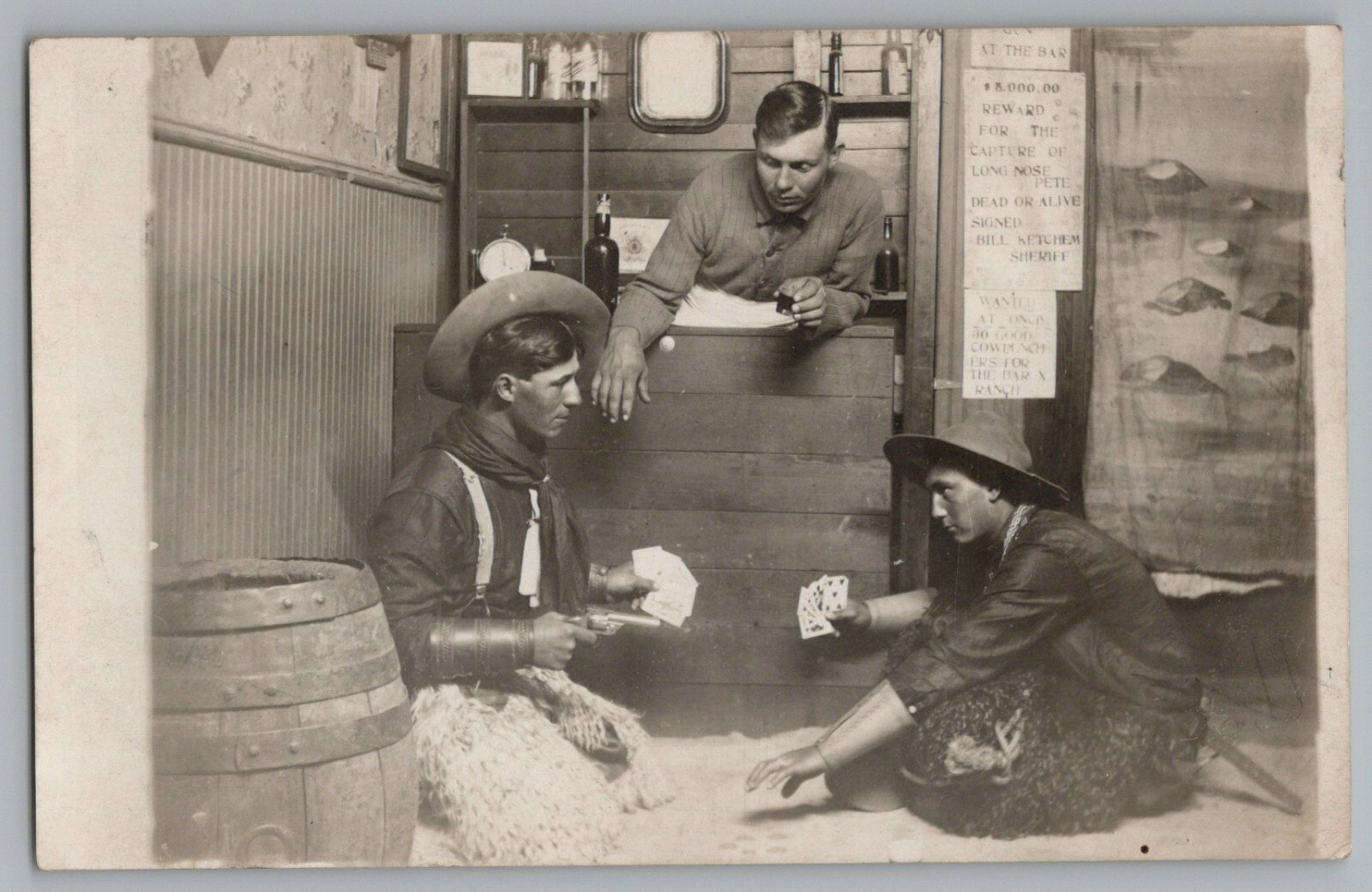 Cowboys Playing Cards Pistol Drinking Studio Real Photo Postcard RPPC c1910