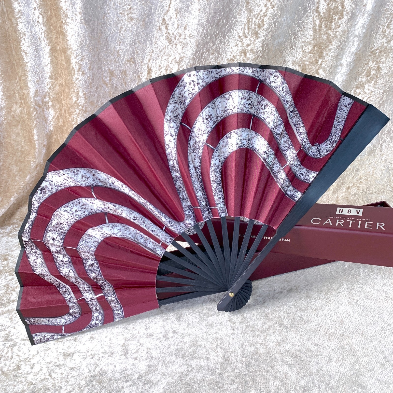 Cartier x National Gallery of Victoria Folding Fan Bordeaux Silk x Bamboo w/Case