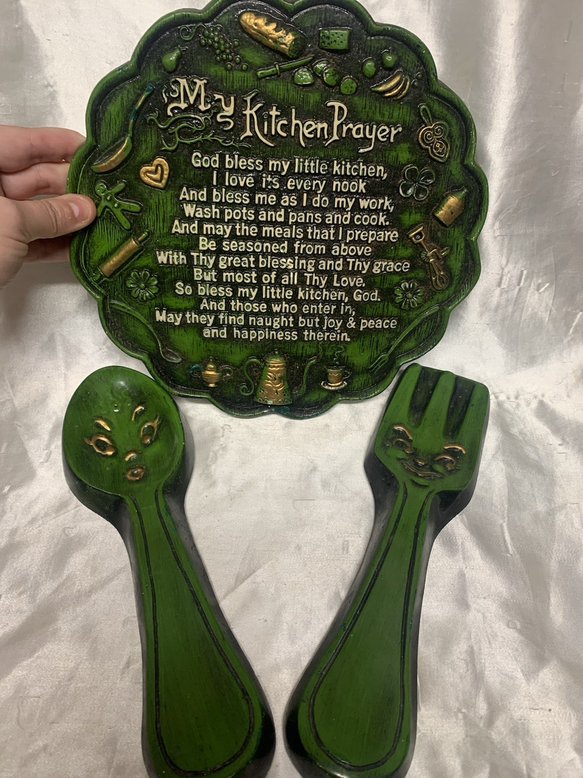 Vintage 1970’s Chalkware Wall Plaque “My Kitchen Prayer” With Spoon & Fork