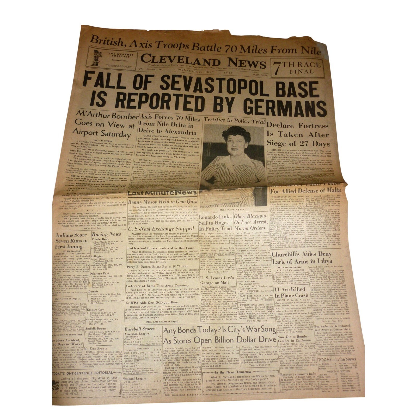 July 1 1942 Cleveland News WWII Newspaper Fall of Sevastopol El Alamein War