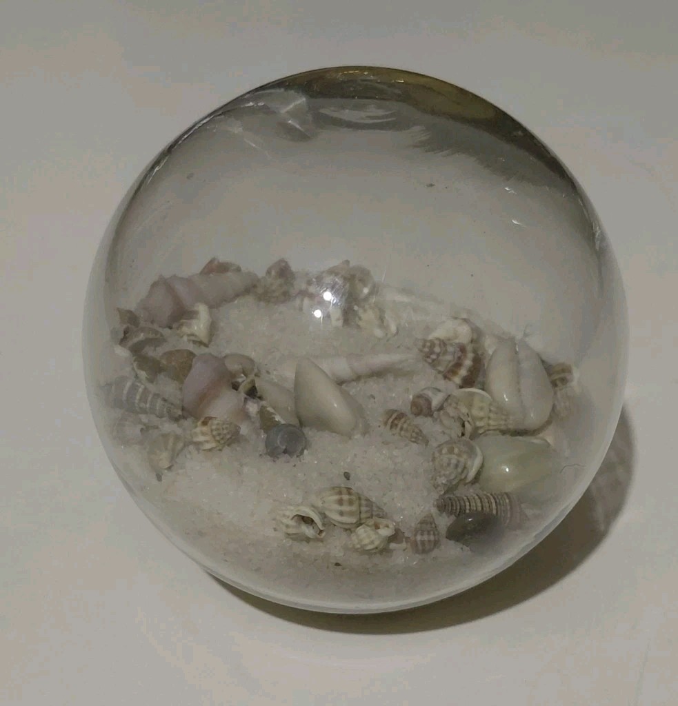 Nautical Glass Globe Beach Ocean Sea Shells In Sand 4 IN Round Paperweight Decor