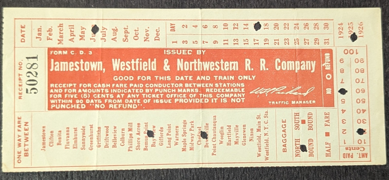 **RARE 1925 JAMESTOWN, WESTFIELD & NORTHWESTERN RAILROAD ONE-WAY FARE TICKET**