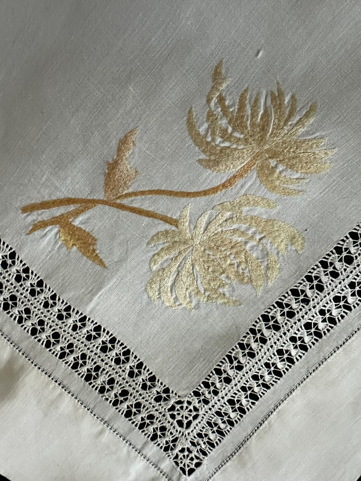 28”x30” Antique Vtg Handmade Linen Victorian Silk Embroidery & Draw Pulled Work