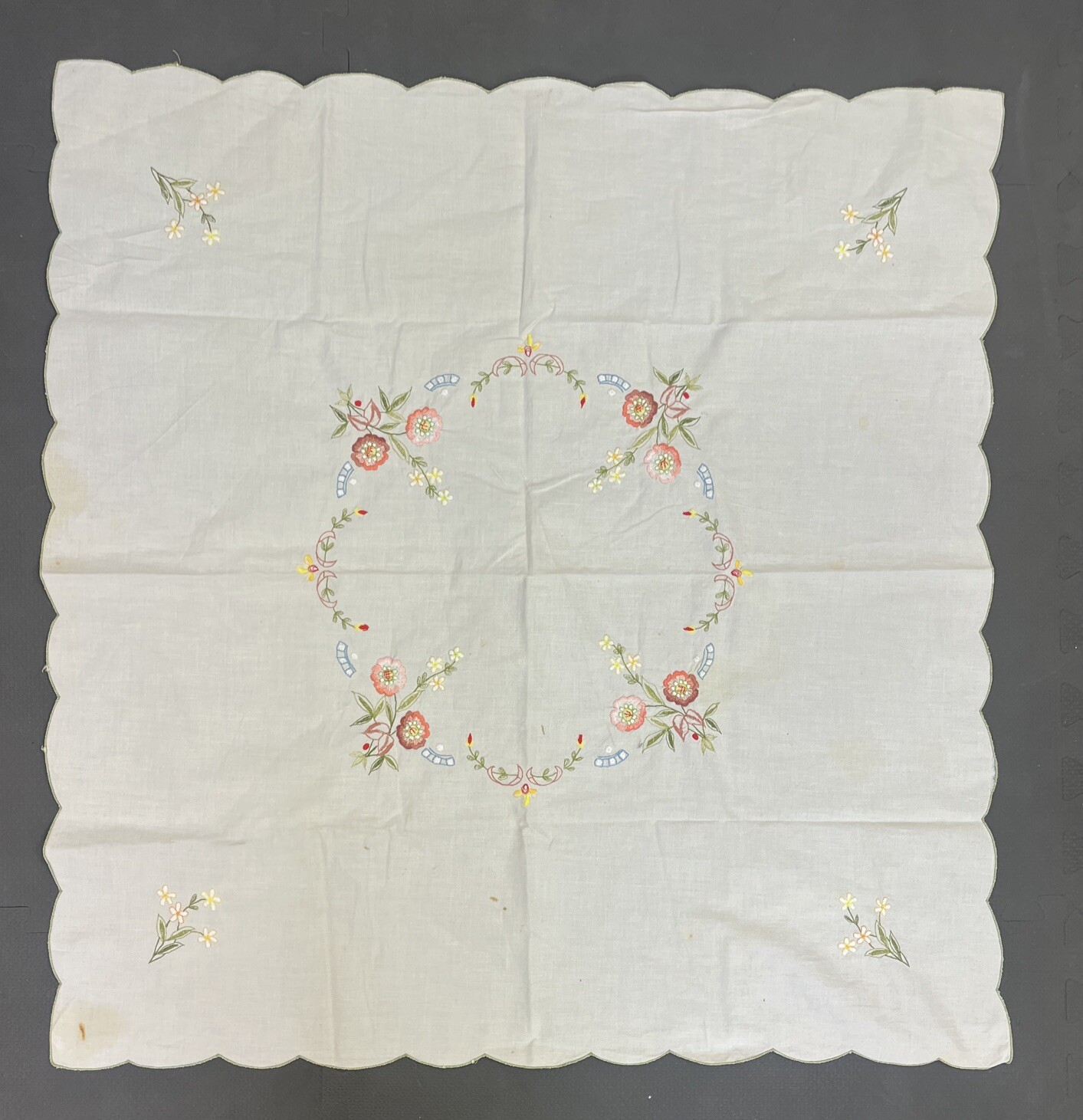 Vtg Hand Cross Stitched Square Table Cloth 31.5” x 30” Handmade Flowers Charity