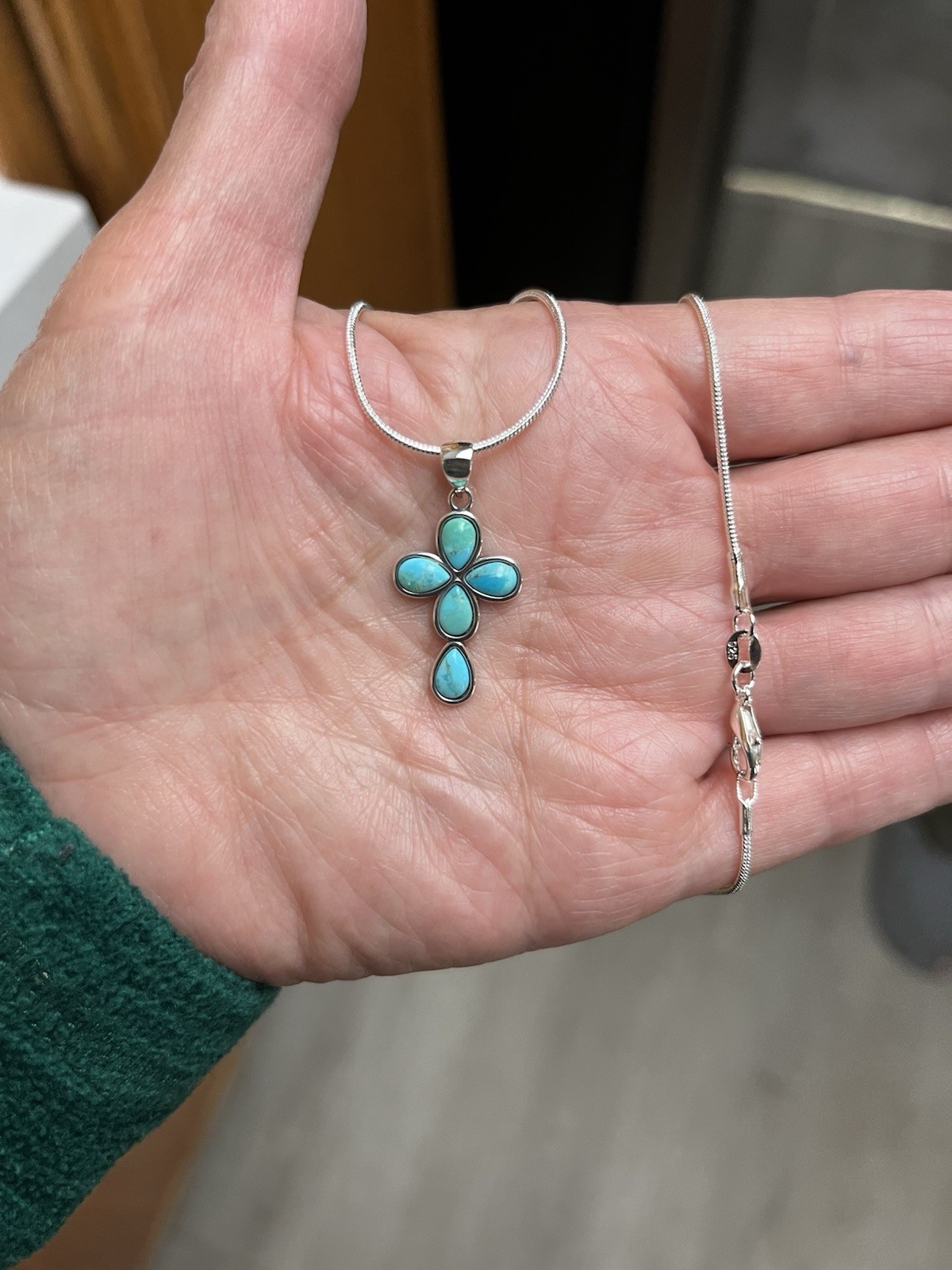 Sterling Silver Genuine Turquoise Cross Pendant 🩵 Lil Beauty Face Height:23.2mm