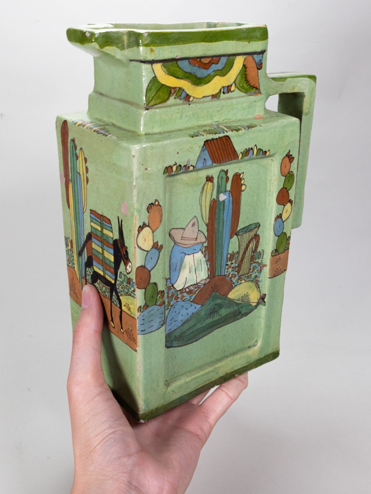 Vintage c.1930's Tlaquepaque Mexican Green Glazed Art Deco form  Pottery Pitcher