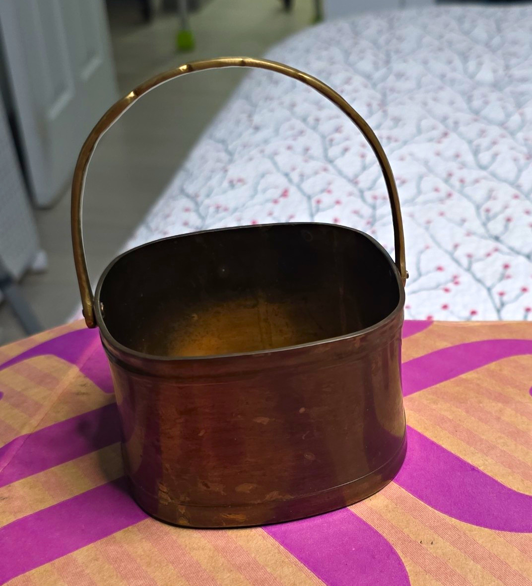 Vintage Copper Basket Container with Swing Handle Carrying Handle