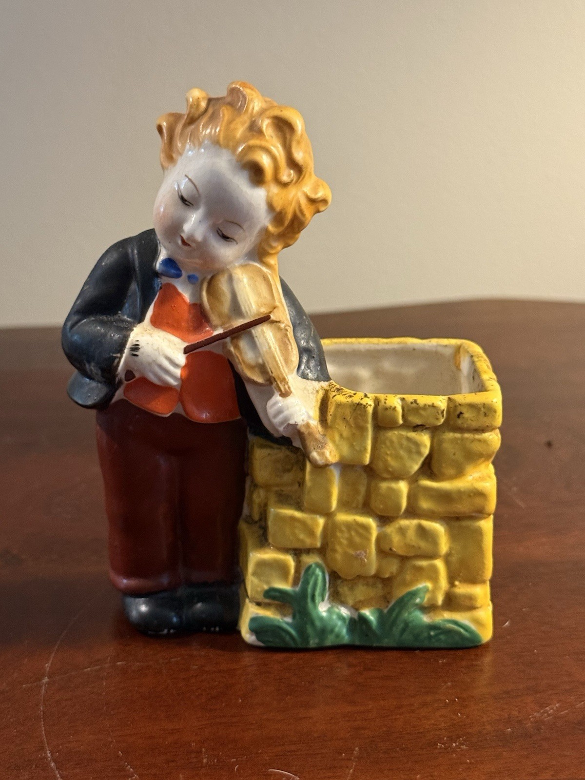 Vintage Made in Japan Ceramic Violinist Figural Planter Boy Violin MCM Kitsch