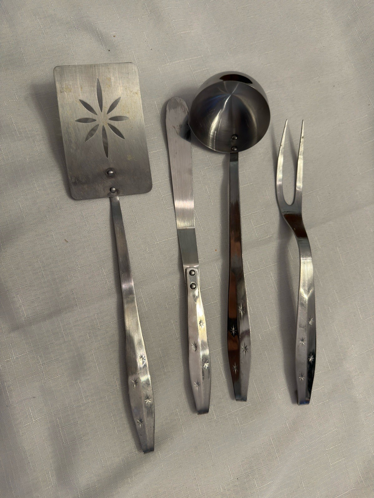 Vintage Atomic Starburst 4 Piece Kitchen Utensil Set Stainless Steel MCM