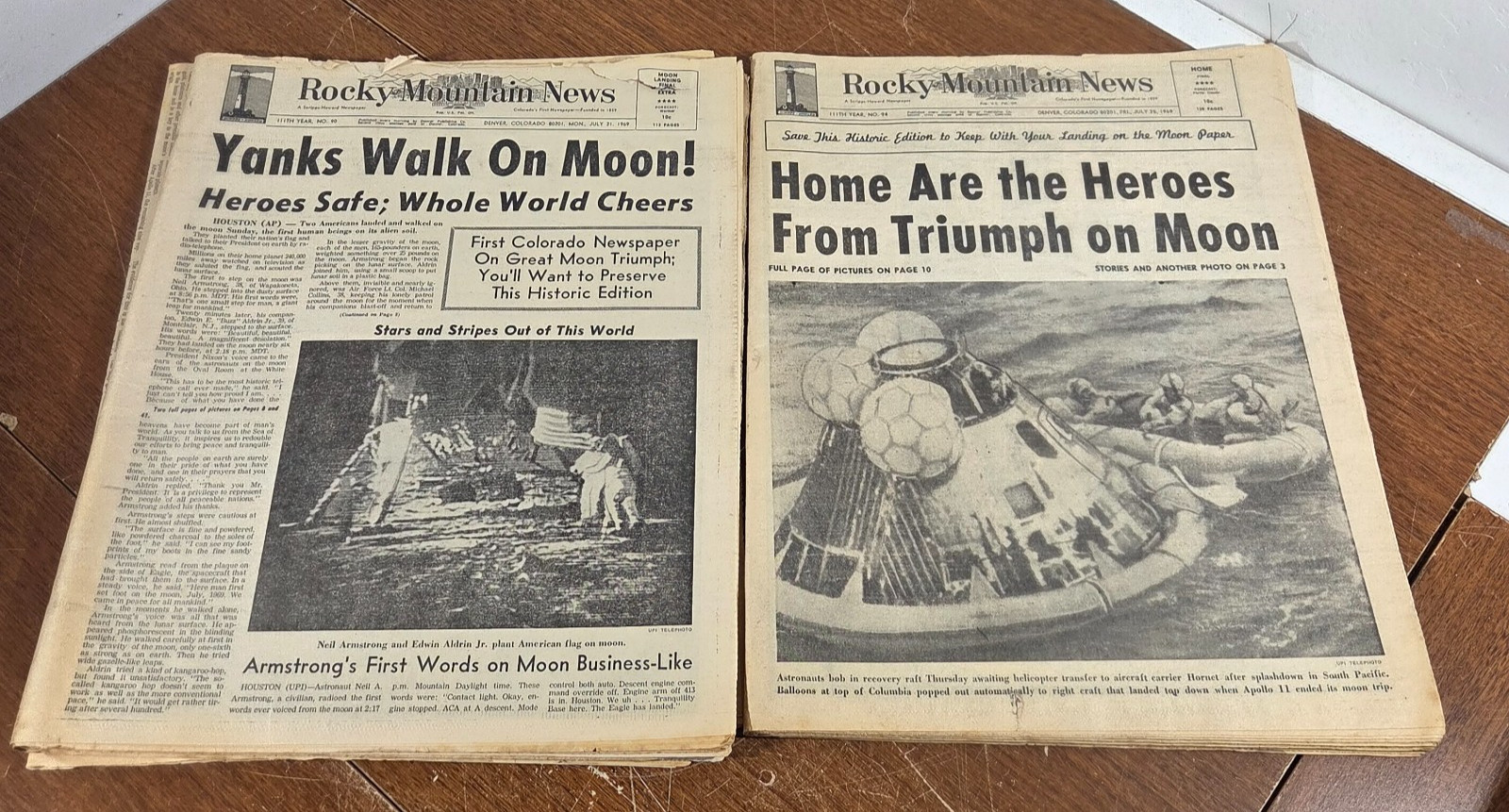 Apollo 11 Moon Landing Newspaper Denver Colorado 7/21/69 & 7/25/69 full papers