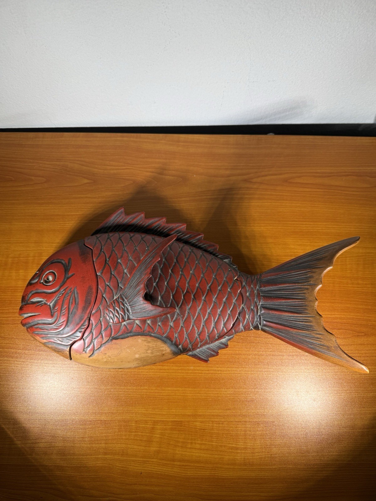 Antique Early 20th Cent Japanese Lacquer Fish Form Warm Red & Brown Covered Box
