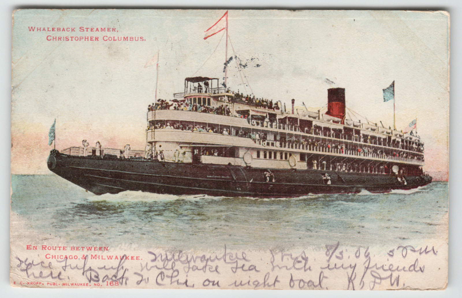 Postcard Whaleback Steamer Christopher Columbus Chicago to Milwaukee