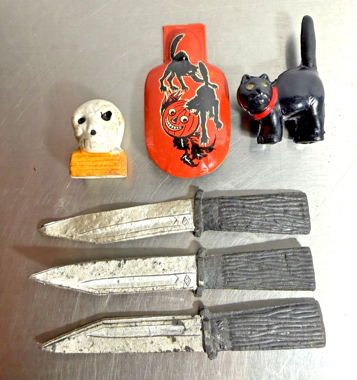Vintage 50s Halloween Lot Kirchhof Tin Ceramic Plastic Black Cat Jack Skull