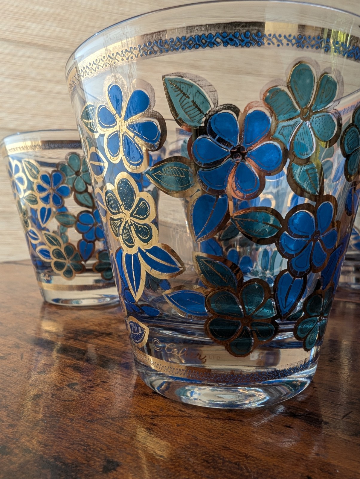 Vintage MCM Culver Ltd. 22-K Gold Blue & Green Floral, Set of 4 Tumblers