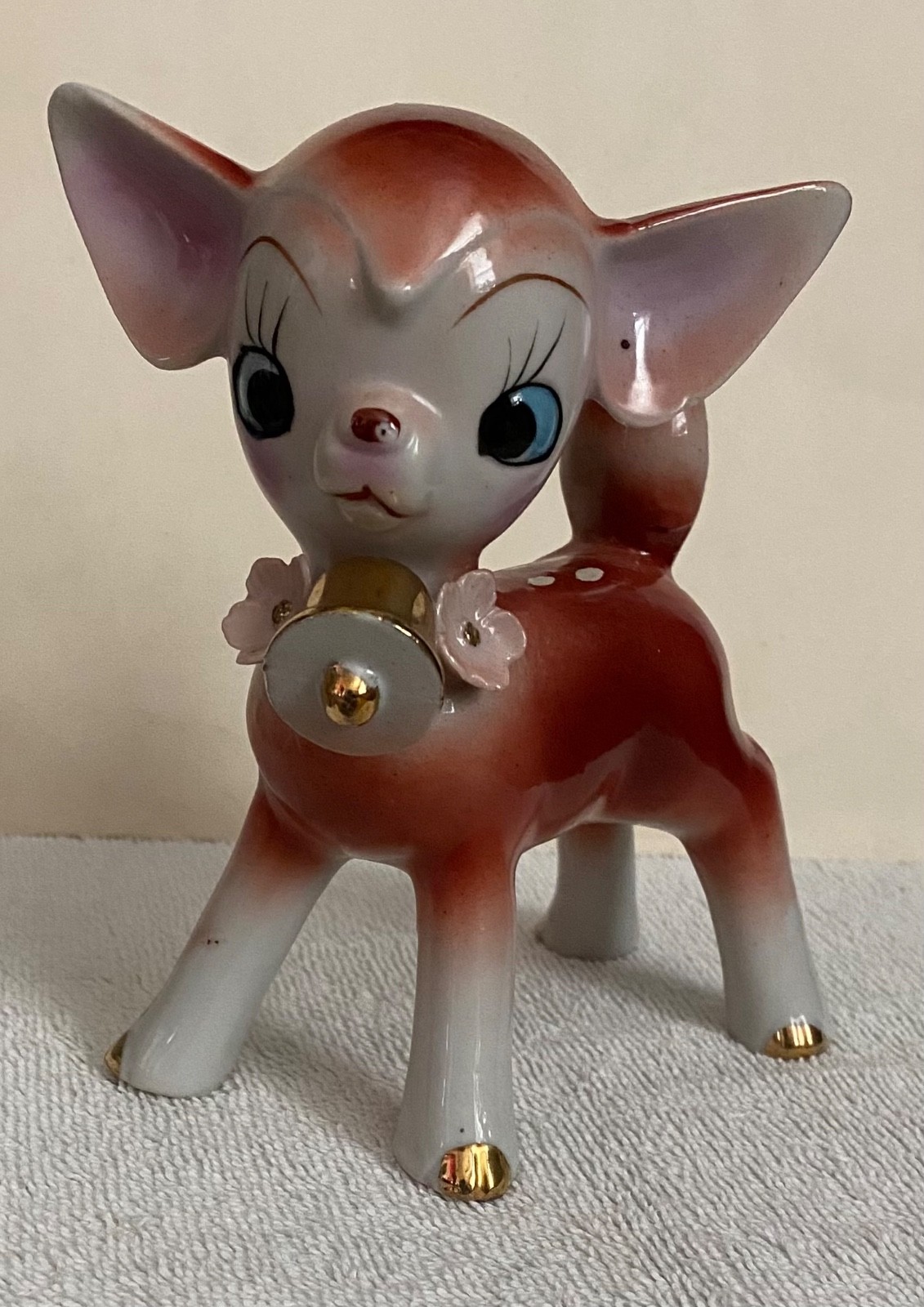 Vintage Retro Reindeer Figurine - Mod Red Ceramic Deer Stamped Japan - Flowers