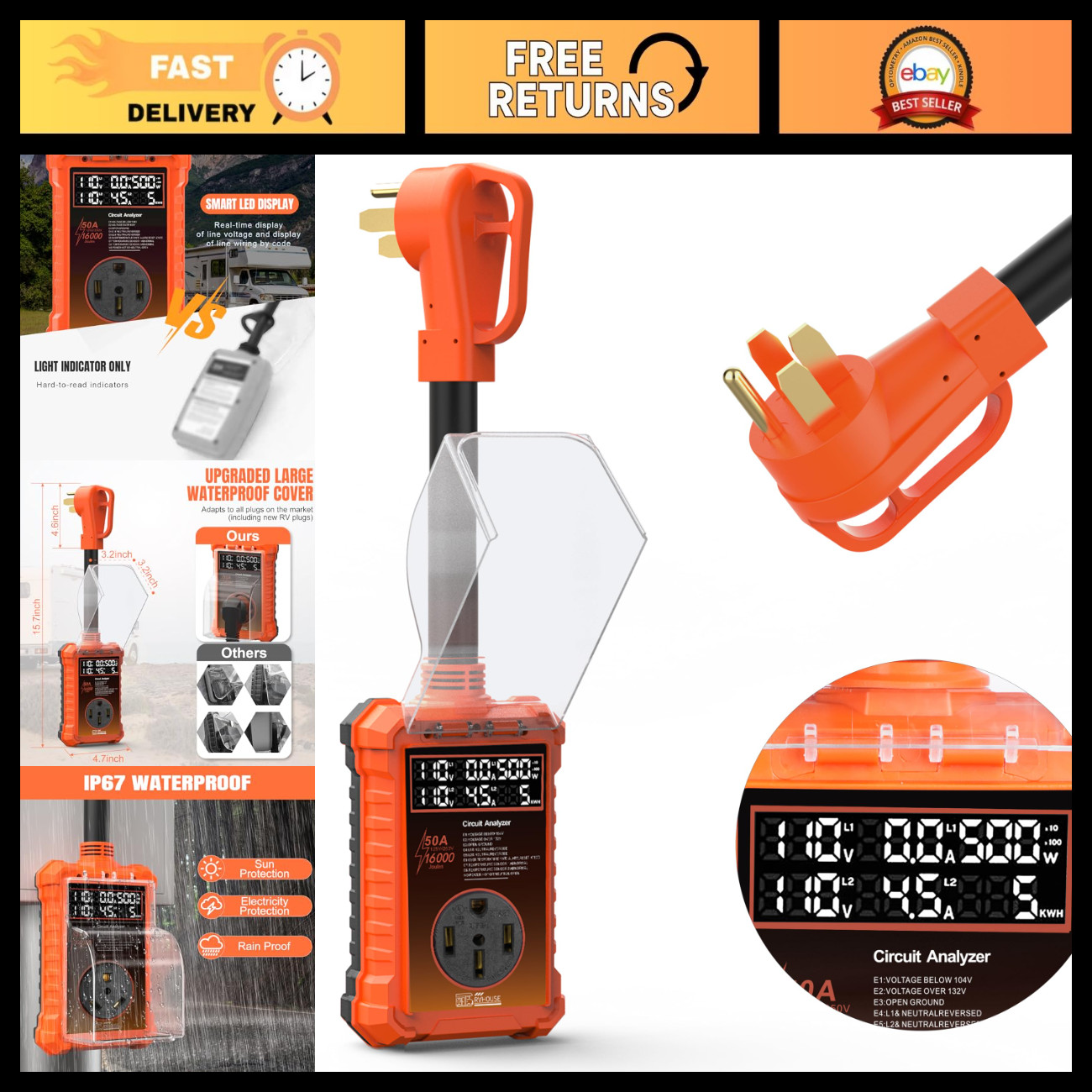 50A RV Surge Protector, 16000J with Smart LED Display
