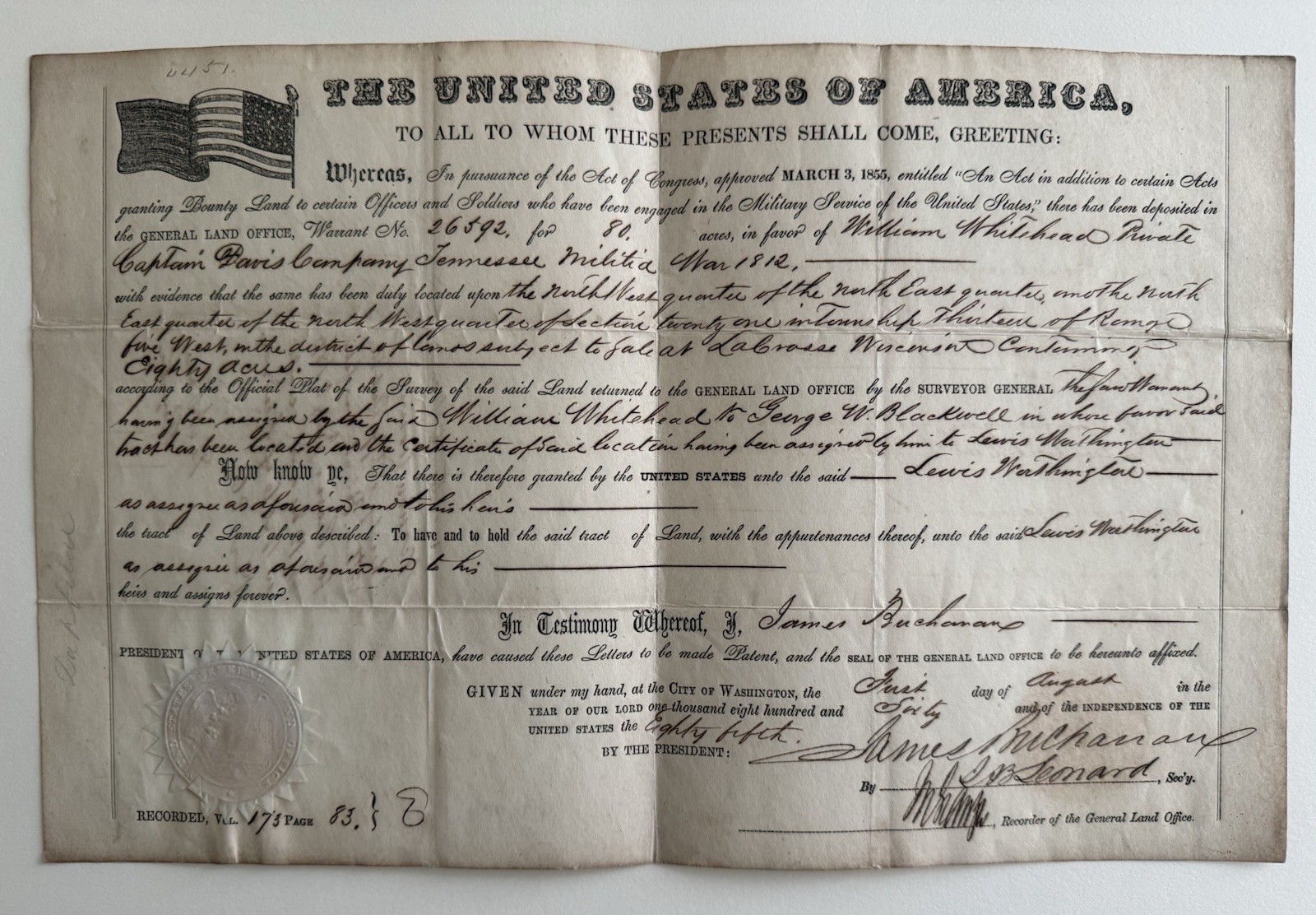 1859 James Buchanan Land Patent War Of 1812 Tennessee