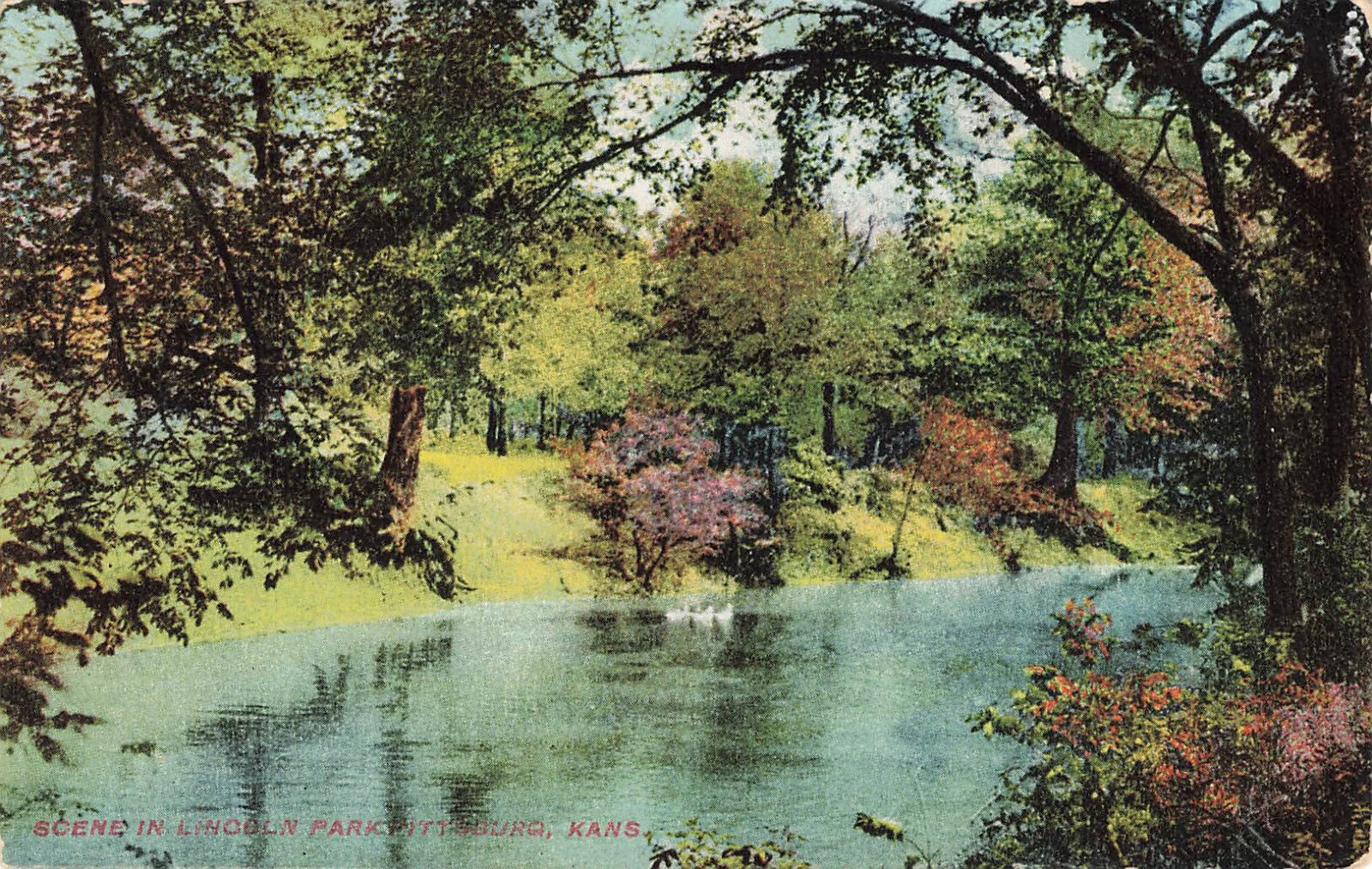 RIVER OR LAKE SCENE IN LINCOLN PARK POSTCARD PITTSBURG KS KANSAS 1910