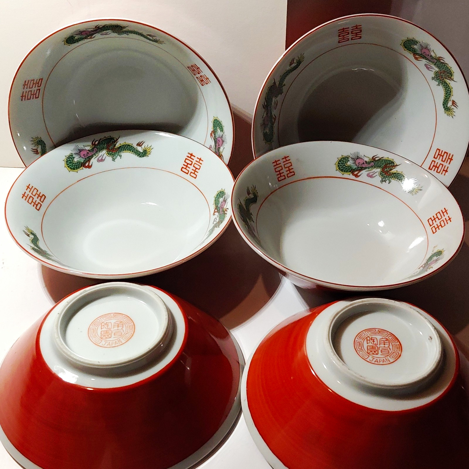vintage Japanese dragon double happiness bowls 6pc circle mark 1970's Ramen bowl