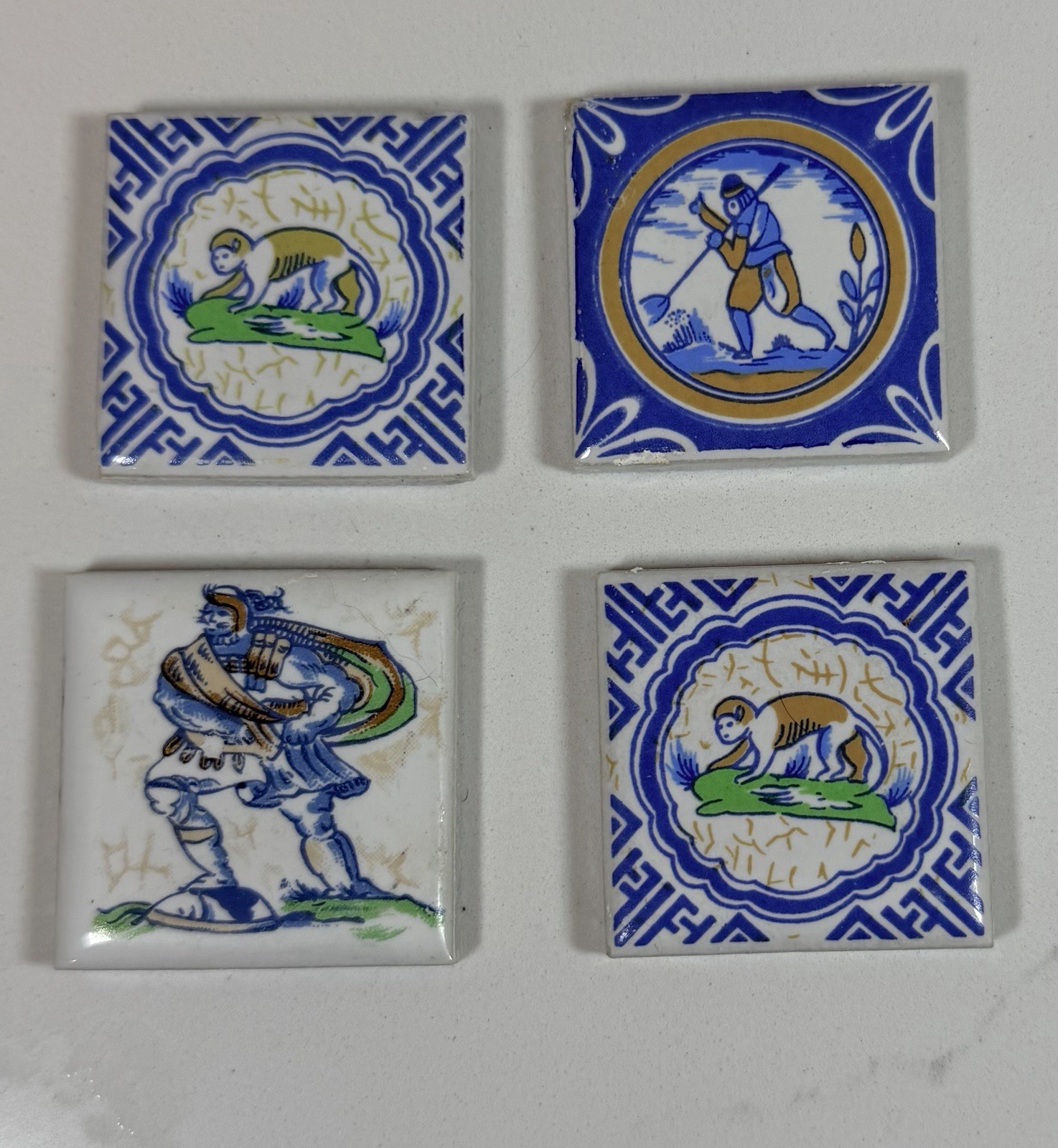 Lot 4 Vtg Westraven Delft Dutch Miniature Tiles 1.5” Soldier Monkey Holland