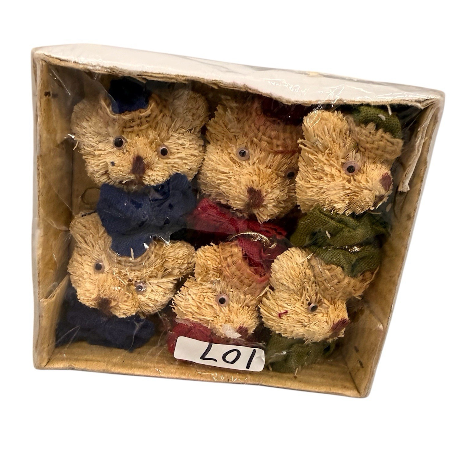 Vtg Adorable Cozy Miniature Straw Teddy Bear Christmas Ornaments With Bowties