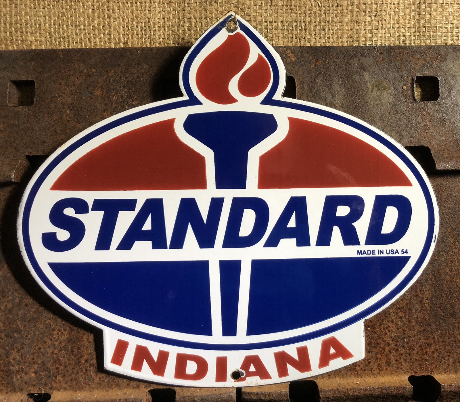 VINTAGE 1954 DATED STANDARD INDIANA GASOLINE 12” PORCELAIN GAS OIL SIGN TORCH