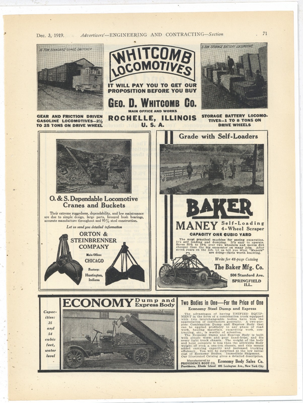 1919 Whitcomb Locomotives of Rochelle, Illinois Ad: 15 & 3 Ton Models Pictured