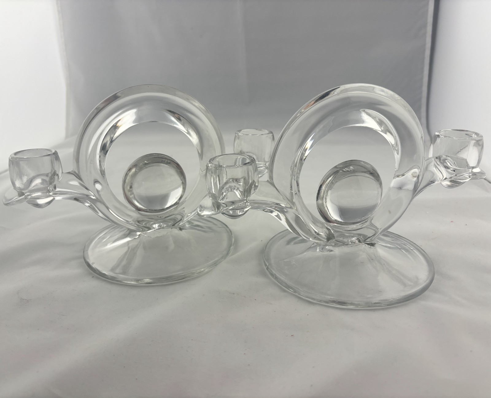 Vintage Indiana Glass Block & Rib Double Candle Holder Pair Art Deco Candelabra