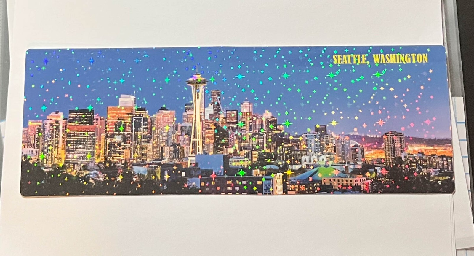NIGHT SEATTLE SKYLINE PANORAMA HOLOGRAPHIC HANDCRAFTED POSTCARD PRINT. 11 x4 in