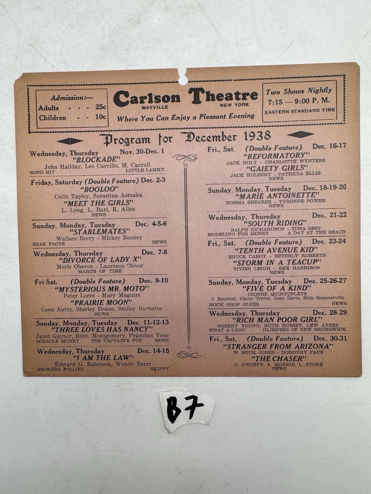 December 1938 Carlson Theatre Mayville New York Movie Calendar Mailing Card