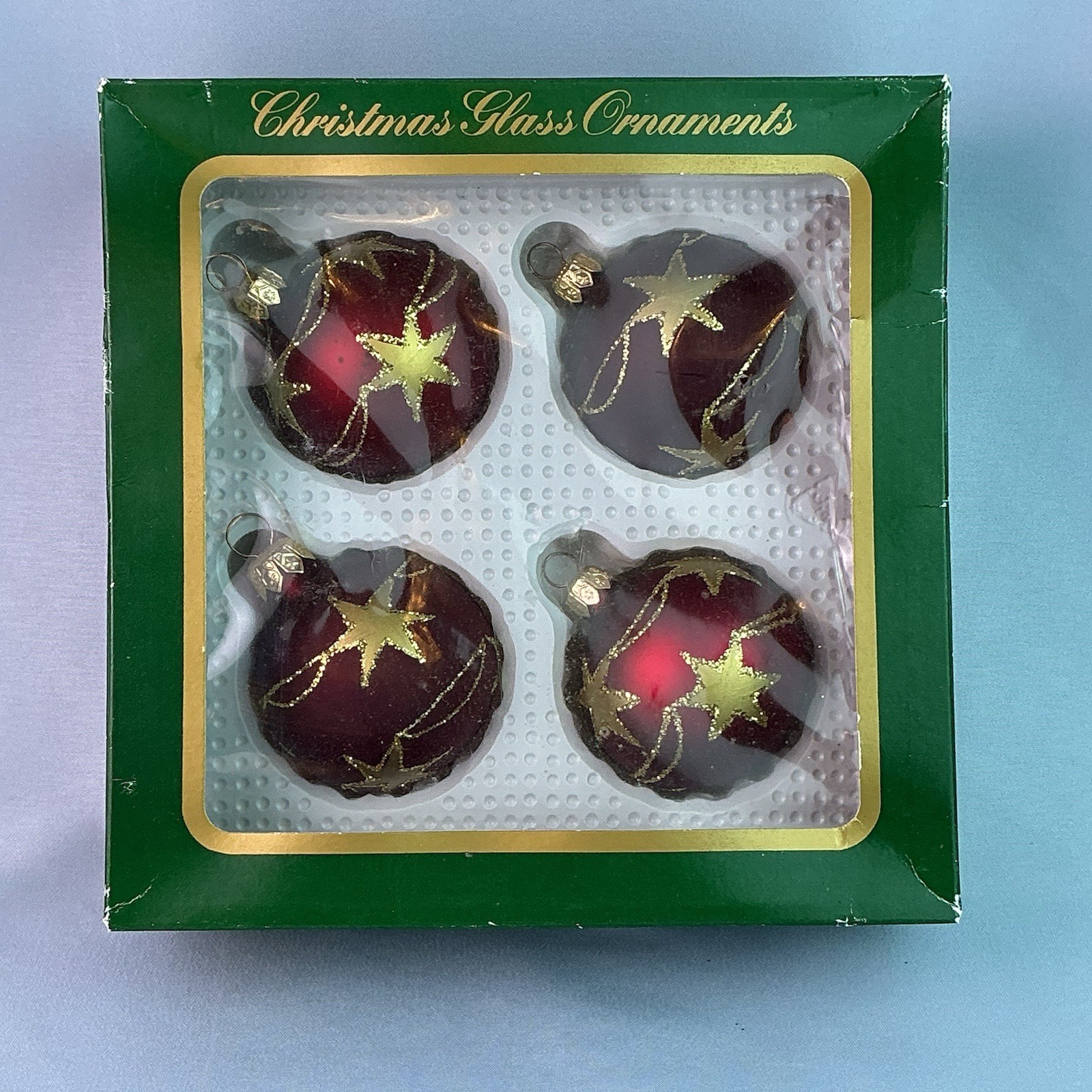 Vintage 1980’s Sears Blown Glass & Glitter(Stars) Ornaments*ORIGINAL BOX*4pcs*