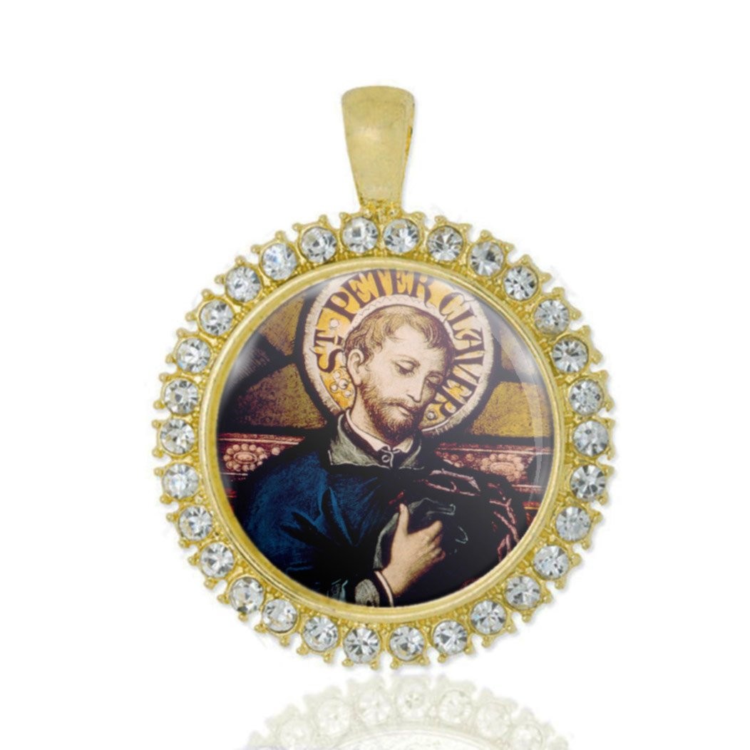 St Peter Claver Christian Round Medal Gold Tone Pendant with Rhinestones