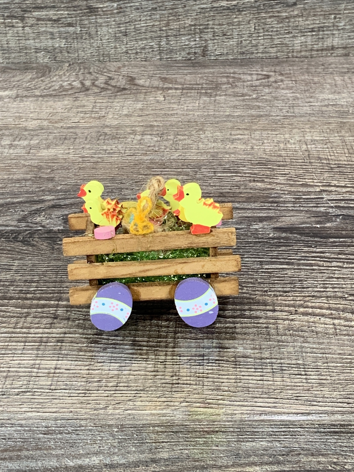 Vtg 1984 Schmid Emgee Easter Wood Ornament Decor Chicks Being Pulled In Egg Cart