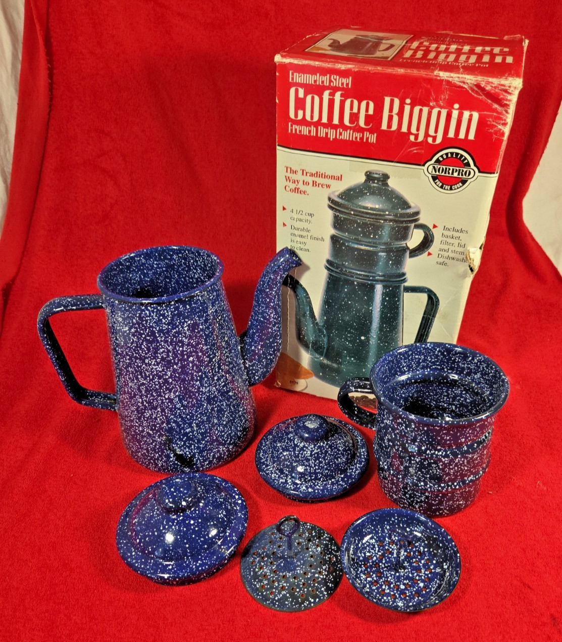 Norpro Enamled Steel Blue  5 Piece  Coffee Pot Biggin w/ Box